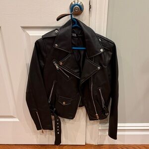 Zara Black Leather Moto Jacket with Silver Accents